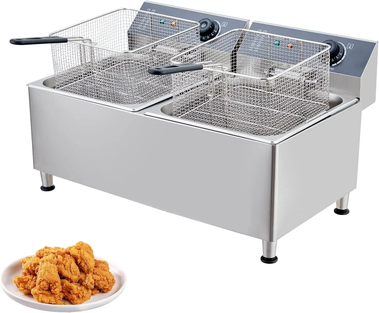 Deep Fryer Stainless - 23,2-Liter-Gewerbe-Elektrofritteuse, Edelstahl-Doppelkorb mit Deckeln, 1700W Schnellheizung,